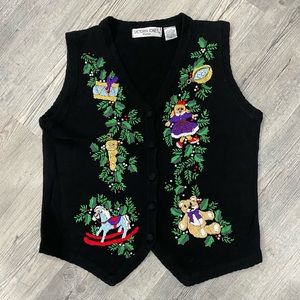 PRICE REDUCED!! Christmas Vest Black Embroidered & Beaded Crochet Buttons